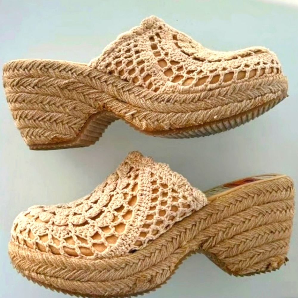 Vintage Crochet Knit Platform Clog Mules
